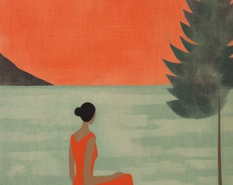 Serene Splendor: Milton Avery Inspired Painting of a Woman in an Orange Dress in a Boat | Digital Wall Art | Download Print | Custom Canvas