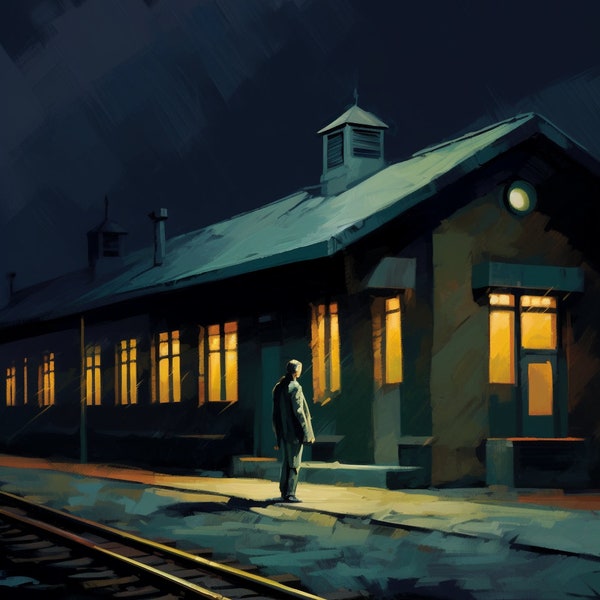 Moderne Edward Hopper geïnspireerd, nachtdepot. Canvasafdruk: aangrijpende alleenstaande op treinstation muurkunst | Aangepast canvas