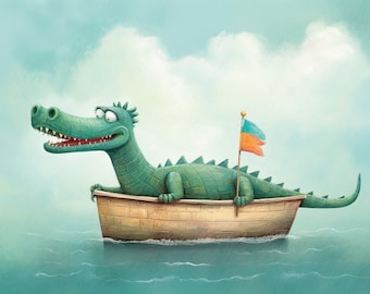 Lächelnder Alligator in einem Boot - Inspiriert von Oliver Jeffers Art Print | Kinderzimmer Wandkunst | Alligatorforscher | Lustige Collage | Babyzimmer
