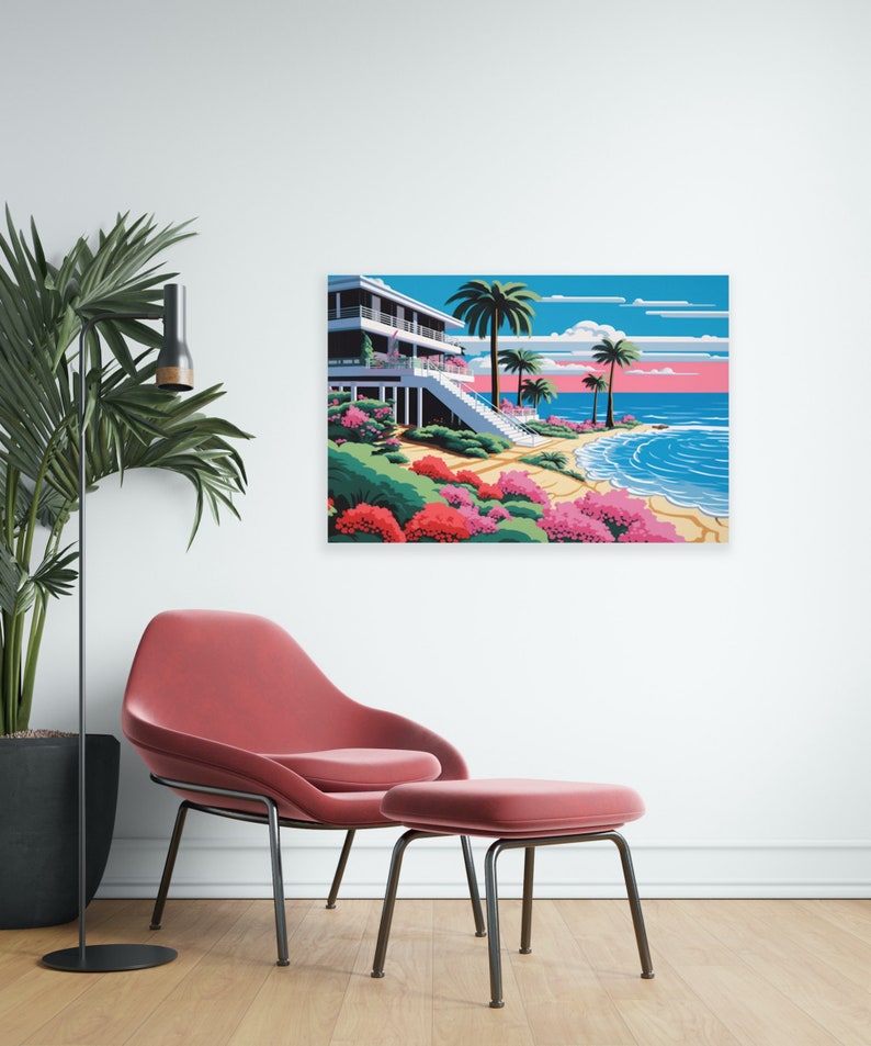 Hiroshi Nagai Inspired 'the Beach House' Canvas Print in Skyblue and