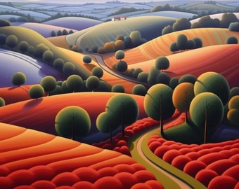 Paul Corfield Inspired Rolling Orange Hills at Sunset Artwork | Digital Download | Wall Art | Custom Canvas Curators