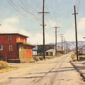 May include: A deserted street lined with power lines and houses. The houses are painted in shades of red, green, and white. The street is paved with asphalt and has a few cracks. The sky is blue and there are a few clouds.