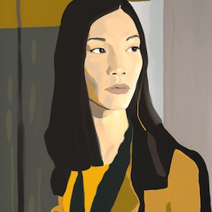 Puede incluir: Una mujer con el pelo largo y negro lleva un abrigo amarillo con cuello negro. Está de pie bajo una sombrilla amarilla y mirando hacia la derecha.