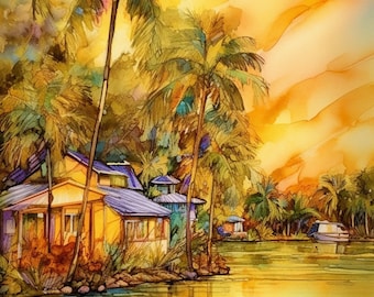 Vivid Watercolor of Key West Home and Palm Trees over Placid Waters | Canvas Print | Original Art