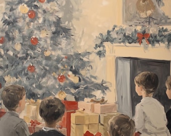 Vintage julgransmotiv Canvastavla inspirerad av Norman Rockwell Mysig barninslagna presenter Väggkonst Heminredning
