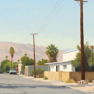 May include: A street scene in a desert town with a white house, palm trees, and a blue sky. The house has a wooden fence and a brown roof. There are power lines running across the sky.
