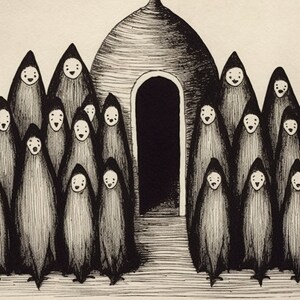 May include: A black and white illustration of a group of figures wearing hooded robes standing in front of a dark doorway. The figures have large, round eyes and open mouths, as if they are singing.