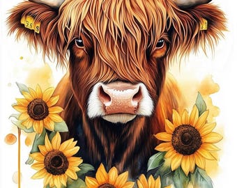 Highland Cow Canvas Print with Sunflowers Art - Custom Wall Decor for Home, Digital Download, Colorful Animal Art