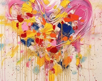 Colorful Symphony of Love: Abstract Heart Canvas Painting in the Style of Cy Twombly | Canvas Home Decor | Wall Art | Custom Canvas Curators