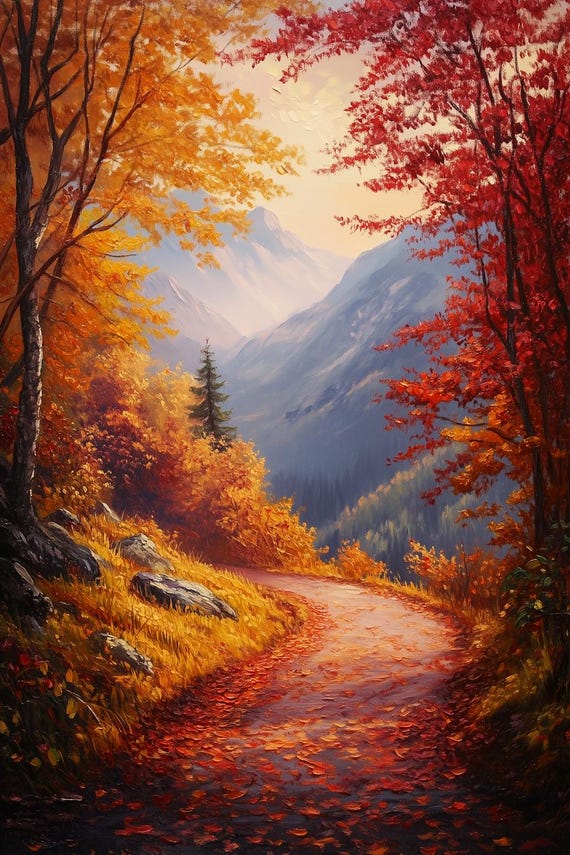 Autumn Trail Canvas Print Inspired by Bob Ross Vibrant Fall Colors