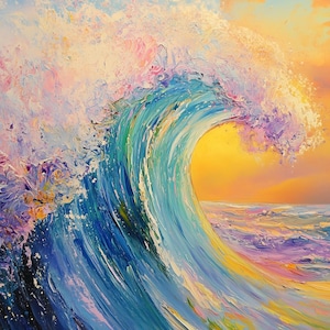 Puede incluir: Una gran ola azul se estrella contra una puesta de sol amarilla y naranja. La ola está pintada con gruesos trazos de pintura blanca, azul y morada, creando un efecto texturizado y dinámico.