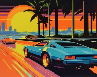 Hiroshi Nagai Inspired Sunset Drive: Pop Art Style Print of Orange and Blue Sports Cars | Canvas Print | Digital Download Available