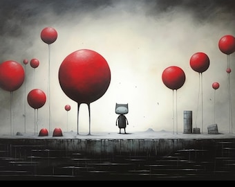 Doug Hyde Styled Schrulliger kleiner Charakter und die rote Ballonkreatur | Ein Original Kunstwerk | Digitale Kunst | Druck | Download Wandkunst