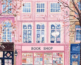 Charming Pink Bookshop Canvas Print in Pastel Colors Inspired by Impressionist Artists for Cozy Home Decor