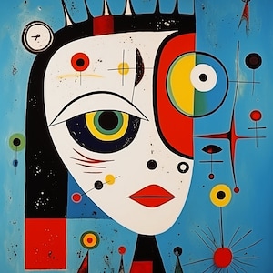 Einflüsse von Joan Miro: Abstrakte weibliche Figur auf Leinwand | Individuelle Leinwanddrucke | Minimal Modern | Leinwand Original Gemälde