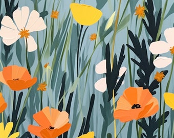 Alex Katz Inspired - Yellow and Orange Flowers on a Green Background | Digital Wall Art | Download Print | Custom Canvas