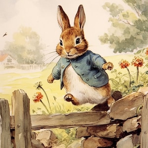 以下が含まれることがあります： 青いジャケットを着た茶色のウサギが石の壁を飛び越えています。ウサギは長い耳と白いふわふわの尻尾を持っています。壁は積み重ねられた石でできており、左側に木製のフェンスがあります。