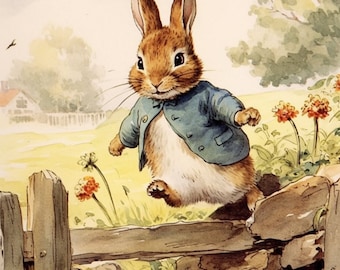 Zeitloser Beatrix Potter Style Bunny Print – Springen über einen Zaun | Kinderzimmer Wandkunst | Classic Story Aquarell | Kinderzimmer Illustration