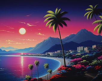 Hiroshi Nagai Style Tropical Bay Sunset: Custom Canvas and Digital Prints for Wall Art and Home Decor