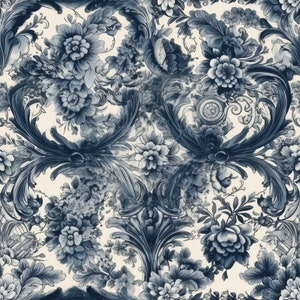 Blue and White Baroque Tile in Floral Design: Resin Artwork Inspired by Elaborate Textiles and Rococo Decadence