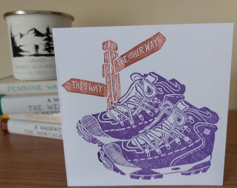 Walking Boots - original linocut card