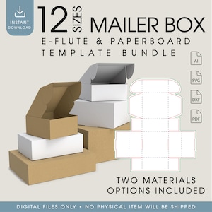 Puede incluir: Un paquete digital con 12 tamaños de plantillas para cajas de envío de cartón y e-flute. La imagen muestra cajas apiladas en color marrón y blanco junto a un esquema de corte 2D, con iconos de archivos para formatos AI, SVG, DXF y PDF.