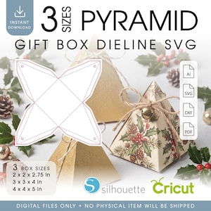 May include: A digital file set for a 3-size pyramid gift box dieline SVG. Includes a flat template with red cut lines and assembled boxes in gold and holly patterns with twine and bells. Text includes 3 SIZES, 2 x 2 x 2.75 in, 3 x 3 x 4 in, 4 x 4 x 5 in.