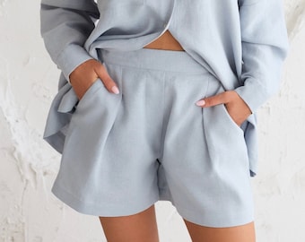 Linen Shorts in Cloudy Sky for Women, High Waisted Summer Shorts With Pockets