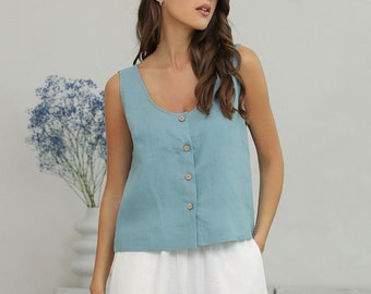 Sage Linen Button Front Tank Top for Women, Sleeveless Summer Linen Blouse, Minimalist Natural Linen Shirt