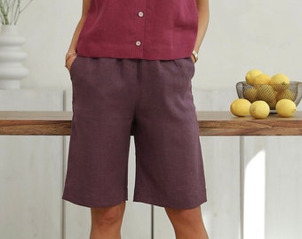 Dark Plum Linen Shorts, High Waisted Shorts, High Waisted Short Trousers, Lithuanian Linen, Handmade Natural 100 Linen Shorts