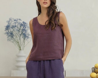 Linen Sleeveless Tank Top for Women, Minimalist Linen Sleeveless Blouse / Dark Plum