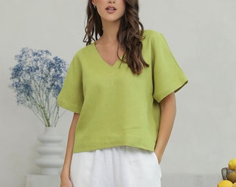 Loose Linen Top Green Pear, Oversized Linen Top, Basic Linen Top, Boxy Linen Top, Women Top, Linen Blouse, 100 Linen, Lithuanian Linen