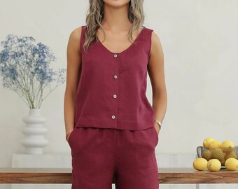 Burgundy Linen Button Front Tank Top for Women, Sleeveless Summer Linen Blouse, Minimalist Natural Linen Shirt