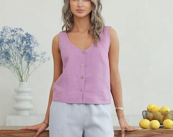 Linen Button Front Tank Top for Women, Sleeveless Blue Linen Blouse in Lilac