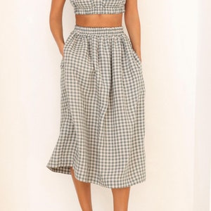 Linen Gingham Skirt SIZE - S Ready To Ship, High Waist Skirt, Skirt With Pockets, Gathered Skirt, Linen Midi Skirt, Linen Skirt Women