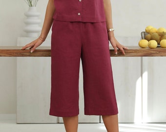 Linen Women Cropped Pants With Elastic Waist and Pockets, Summer Minimalist Capris Trousers / Burgundy