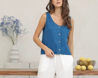 Linen Button Front Tank Top for Women, Sleeveless Dark Teal Linen Blouse for Summer
