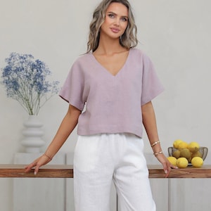 Loose Linen Top in Dusty Lilac, Basic Linen Top, Boxy Linen Top, Women Top, Linen Blouse, 100 Linen, Lithuanian Linen