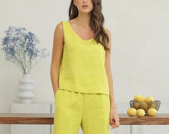 Linen Sleeveless Tank Top for Women, Minimalist Linen Sleeveless Blouse / Lemon
