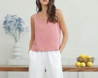 Linen Sleeveless Tank Top for Women, Minimalist Linen Sleeveless Blouse / Dusty Pink