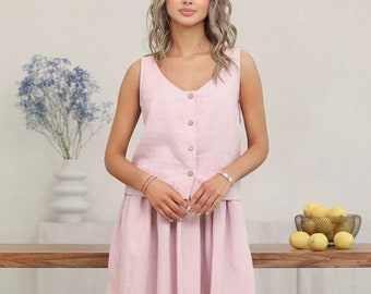 Pastel Pink Linen Button Front Tank Top for Women, Sleeveless Summer Linen Blouse, Minimalist Natural Linen Shirt