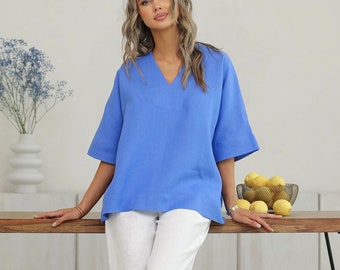 Linen Relaxed Fit Linen Blouse, Boxy Oversized Top for Women in Cornflower Blue