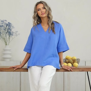 Oversized Linen Top in Cornflower Blue, Basic Linen Top, Boxy Linen Top, Women Top, Linen Blouse, 100 Linen, Lithuanian Linen