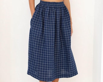 High Waist Linen Skirt, Navy Gingham Midi Skirt With Pockets