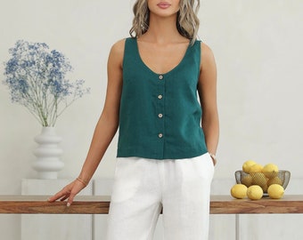 Linen Dark Green Blouse, Basic Linen Top, Linen Blouse, Linen Tshirt, Linen Top, Pure Linen, Everyday Linen, Sleeveless Top