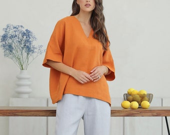 Linen Boxy Oversized Top for Women, Relaxed Fit Linen Blouse in Burnt Orange