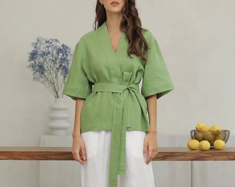 Fern Green Short Linen Kimono Jacket for Women | Minimalist Summer Linen Wrap Top | Lightweight Resort Wear