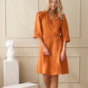 Burnt Orange Linen Dress, Wrap Dress, Natural 100 Linen, Summer Dress, Midi Dress Linen, Sustainable Clothing, Midi Dress