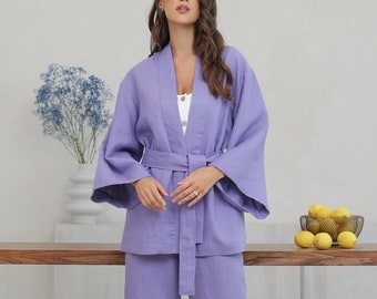 Linen Kimono Jacket Long Sleeve, Relaxed Fit Minimalist Kimono Style Outerwear in Lavender