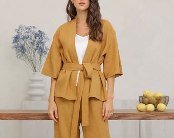 Linen Jacket in Mustard, Linen Cardigan, Linen Clothes Women, Linen Top, Pure Linen, Everyday Linen